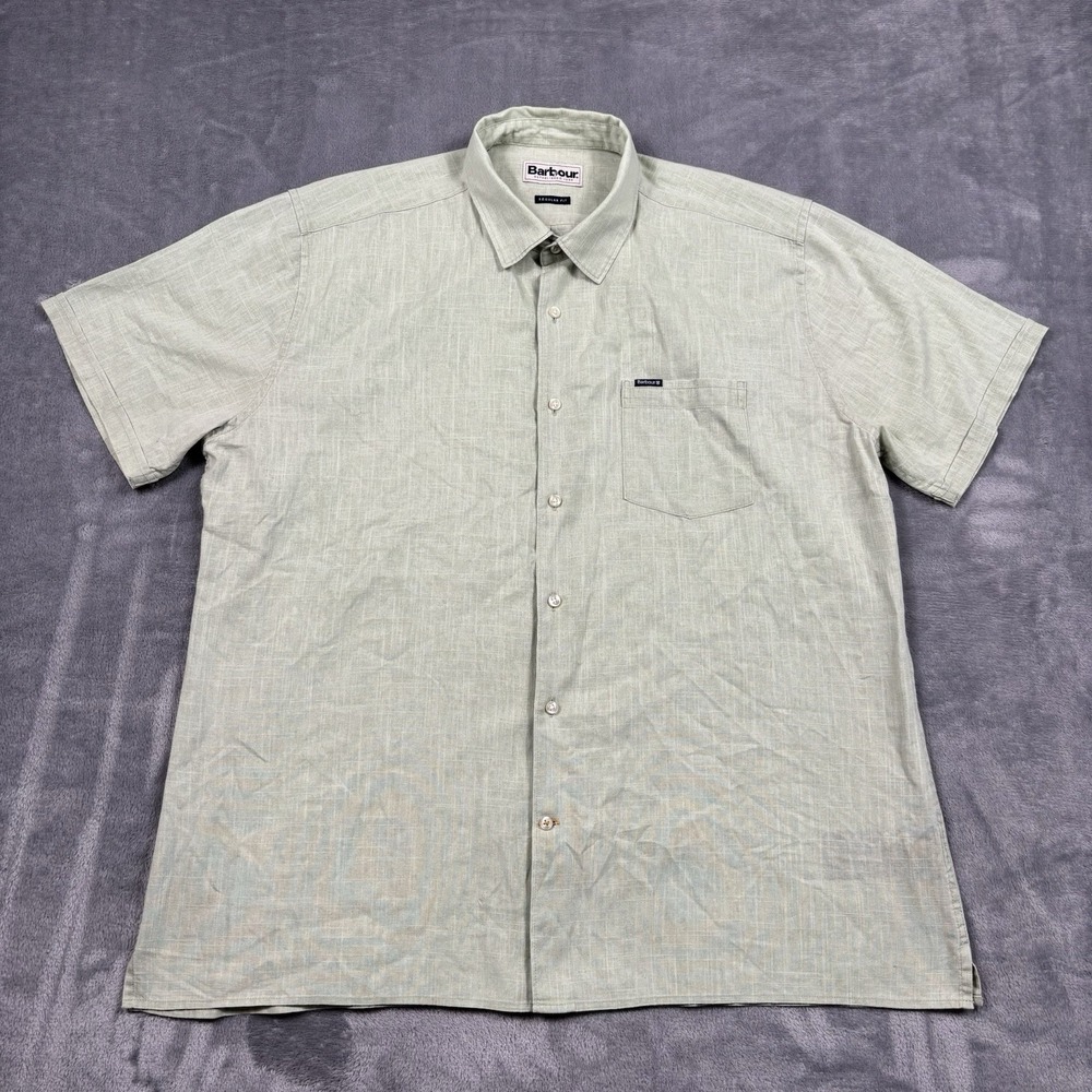 Barbour Mens Medium Green Regular Fit Short Sleeve Button Front Cotton Shirt